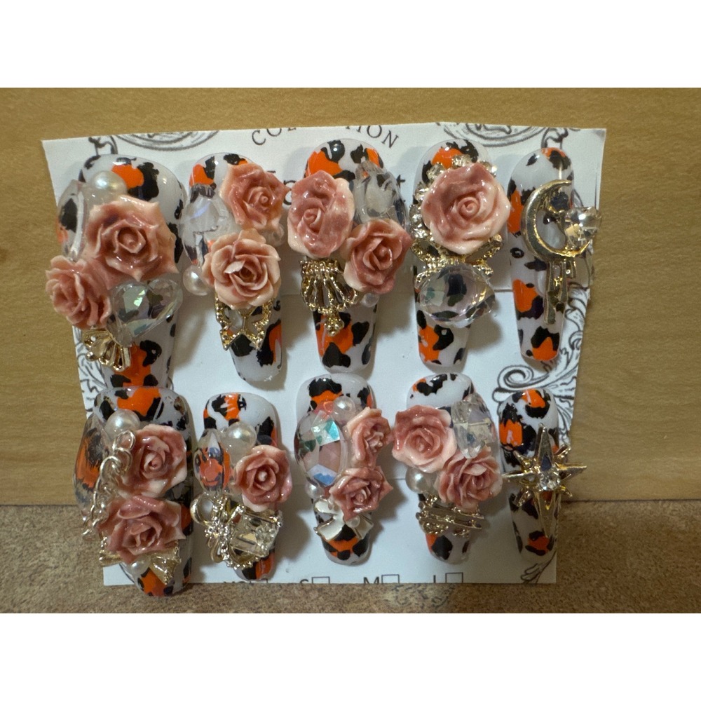 3D Press On Nails Leopard Print Pink Roses Crystals Gold Charms Coffin Long NEW